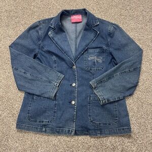 Y2K Carol's Denims Blazer Womens Large Blue Rhinestone Dragonfly Button Front